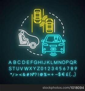 Autopilot neon light concept icon. Autonomous car, driverless vehicle. Smart car. Self-driving auto idea. Glowing sign with alphabet, numbers and symbols. Vector isolated illustration