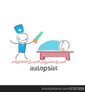 autopsist with a saw at work. Fun cartoon style illustration. The situation of life.