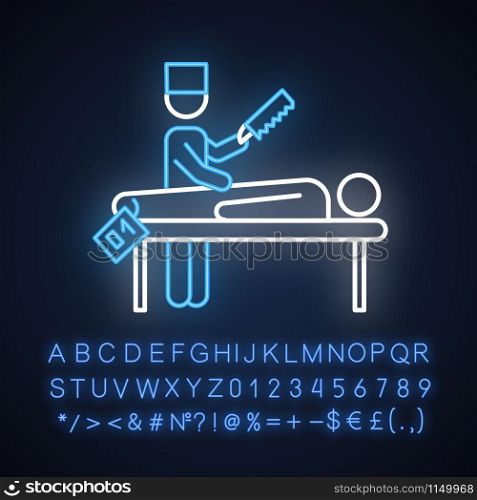 Autopsy neon light icon. Disambiguation. Deceased patient. Corpse with tag. Medical forensic procedure. Pathologist. Glowing sign with alphabet, numbers and symbols. Vector isolated illustration