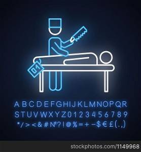 Autopsy neon light icon. Disambiguation. Deceased patient. Corpse with tag. Medical forensic procedure. Pathologist. Glowing sign with alphabet, numbers and symbols. Vector isolated illustration