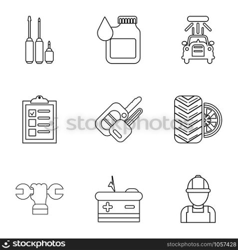 Autorepair shop icons set. Outline set of 9 autorepair shop vector icons for web isolated on white background. Autorepair shop icons set, outline style