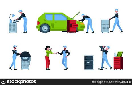 Autoservice characters. Workers repairing cars mechanic changing wheels vehicle service garish vector flat pictures set. Illustration of worker car service, auto garage maintenance. Autoservice characters. Workers repairing cars mechanic changing wheels vehicle service garish vector flat pictures set