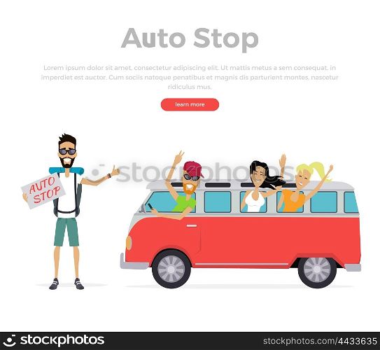 Autostop Concept on White. Group of young people traveling in vintage bus. Autostop concept isolated on white background. Camper van. Man with a sign stands and catches passing transport. Vector illustration