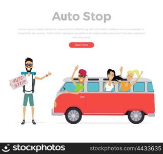 Autostop Concept on White. Group of young people traveling in vintage bus. Autostop concept isolated on white background. Camper van. Man with a sign stands and catches passing transport. Vector illustration