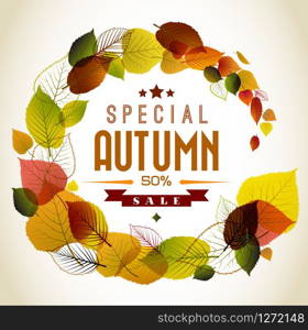 Autumn abstract floral background - circle from colorful leafs with sample text