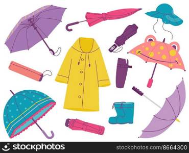 Autumn accessories, umbrella and raincoat, fall boots. Minimal style parasol, creative opened and closed umbrellas. Isolated seasonal protection vector elements. Illustration of umbrella and clothes. Autumn accessories, umbrella and raincoat, fall boots. Minimal style parasol, creative opened and closed umbrellas. Isolated seasonal protection decent vector elements