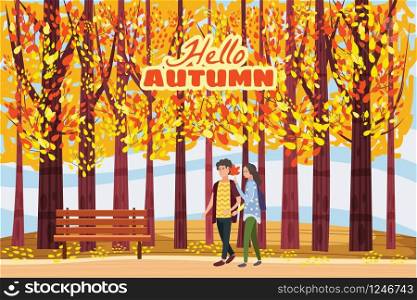 Autumn alley, couple guy and girl characters walking along the path in the park, fall, autumn leaves, mood. Autumn alley, couple guy and girl characters walking along the path in the park, fall, autumn leaves, mood, color, vector, illustration, cartoon style, isolated