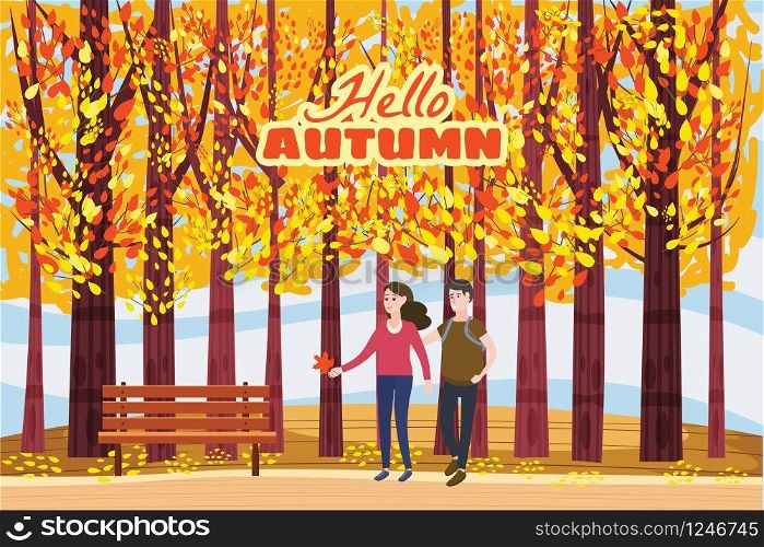 Autumn alley, couple guy and girl characters walking along the path in the park, fall, autumn leaves. Autumn alley, couple guy and girl characters walking along the path in the park, fall, autumn leaves, mood, color, vector, illustration, cartoon style, isolated