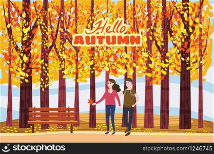 Autumn alley, couple guy and girl characters walking along the path in the park, fall, autumn leaves. Autumn alley, couple guy and girl characters walking along the path in the park, fall, autumn leaves, mood, color, vector, illustration, cartoon style, isolated