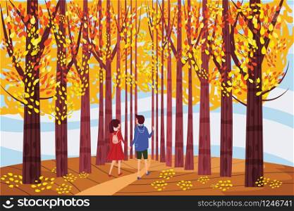 Autumn alley, two guy and girl characters walking along the path in the park, fall, autumn leaves, mood, color. Autumn alley, two guy and girl characters walking along the path in the park, fall, autumn leaves, mood, color, vector, illustration, cartoon style, isolated