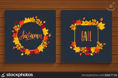 Autumn and Fall cards in frame from autumn leaves.. Autumn and Fall cards in frame from autumn leaves. Vector illustration.