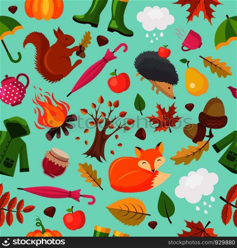 Autumn animals pattern. Forest fall cute fox hedgehog and orange squirrel in yellow leaves vector autumn seamless background. Autumn background, squirrel and woodland, seamless pattern illustration. Autumn animals pattern. Forest fall cute fox hedgehog and orange squirrel in yellow leaves vector autumn seamless background