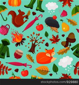 Autumn animals pattern. Forest fall cute fox hedgehog and orange squirrel in yellow leaves vector autumn seamless background. Autumn background, squirrel and woodland, seamless pattern illustration. Autumn animals pattern. Forest fall cute fox hedgehog and orange squirrel in yellow leaves vector autumn seamless background