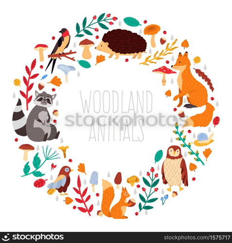 Autumn animals wreath. Cute cartoon autumn animals, leaves and mushrooms, woodland birds and animals wreath vector illustration icons set. Childish woodland animal, wildlife raccoon and hedgehog. Autumn animals wreath. Cute cartoon autumn animals, leaves and mushrooms, woodland birds and animals wreath vector illustration icons set