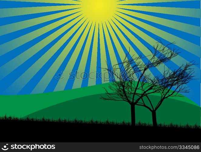 Autumn Background - meadow, sunbeams and silhouette of defoliated trees