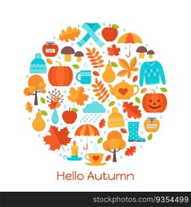 Autumn background. Vector. Creative card Hello Autumn with elements in circle shape. Template in flat design on white backdrop. Fall leaves decoration banner. Cartoon illustration. Colorful poster.