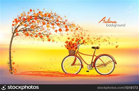 Autumn background with a tree and a bike with basket and colorful leaves. Vector.