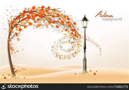 Autumn background with a tree and a colorful leaves and lamppost. Vector.