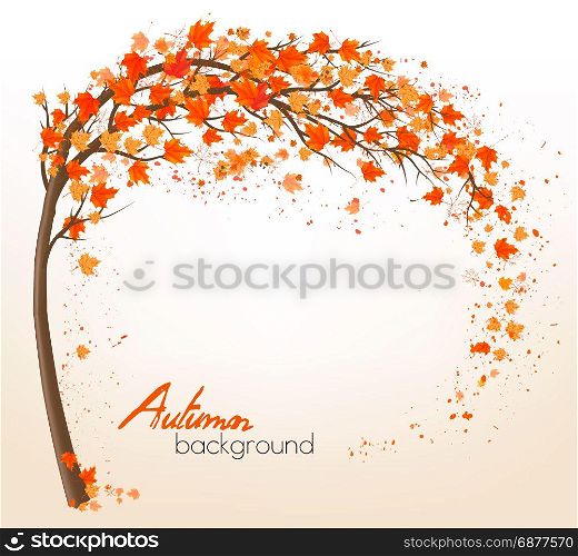 Autumn background with a tree and a colorful leaves. Vector.