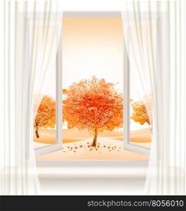 Autumn background with an open window and colorful trees. Vector.