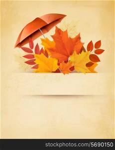 Autumn background with autumn leaves and red umbrella. Vector.