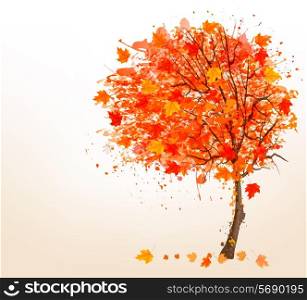 Autumn background with colorful leaves and a tree. Vector illustration.