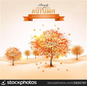 Autumn background with colorful leaves and trees.Vector illustration.