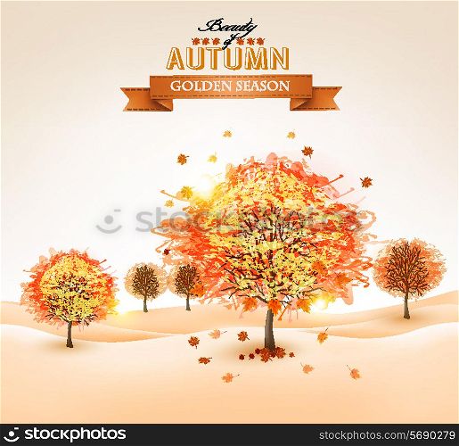 Autumn background with colorful leaves and trees. Vector illustration.