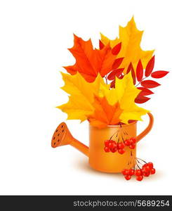 Autumn background with colorful leaves growing in a watering can. Vector.