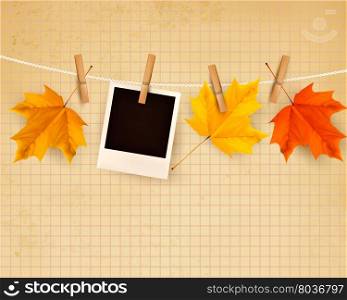 Autumn background with colorful leaves on rope. Vector illustration.