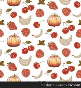 Autumn background with fruits and pumpkin on a white background. Natural seasonal fruits and vegetables seamless pattern. Vector pattern for textiles, wallpapers and wrapping paper.. Autumn background with fruits and pumpkin