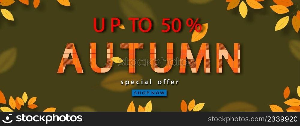 Autumn background with leaves frame in Orange,Yellow on Tartan, Plaid pattern background,Fall sale banner design for Discount or  Promotion. Vector Illustration Autumnal with Special Offer backdrop