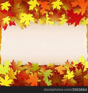 Autumn background with leaves, wood boards and cardboard banner