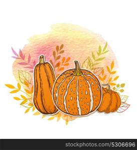 Autumn background with orange pumpkins and watercolor texture
