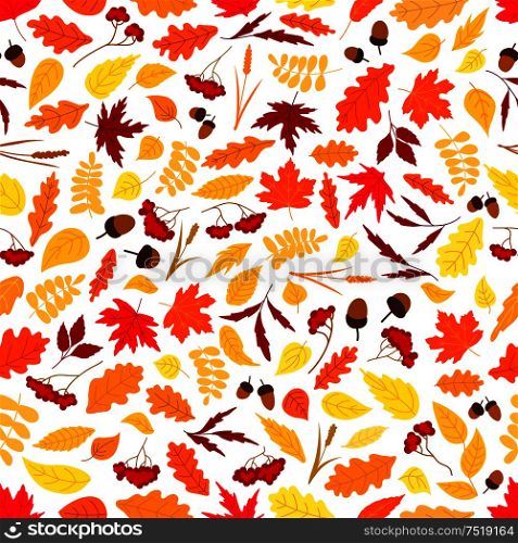 Autumn background with seamless pattern of orange, red and yellow fallen leaves, acorns, dry herbs and branches of rowanberry fruits. Nature theme design. Autumn leaves with acorns seamless pattern