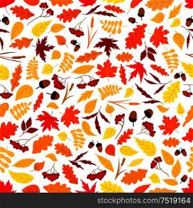 Autumn background with seamless pattern of orange, red and yellow fallen leaves, acorns, dry herbs and branches of rowanberry fruits. Nature theme design. Autumn leaves with acorns seamless pattern