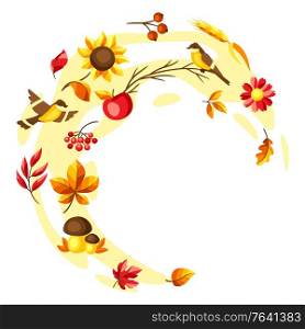 Autumn background with seasonal leaves and items. Illustration of foliage and flowers.. Autumn background with seasonal leaves and items.