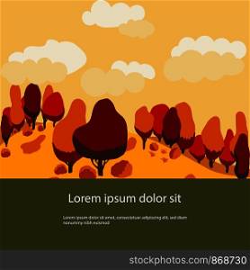 Autumn background with space for text. Landscape illustration with trees and hills. Autumn banner template. Flat Cartoon style. Vector illustration.. Autumn background with space for text.