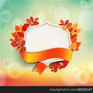 Autumn background with vintage frame,colorful leaves and rowan. EPS 10 vector illustration.