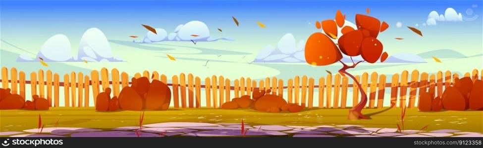 Autumn backyard garden with wooden fence vector illustration. Empty fall rural back yard with stone paved ground and bush, flying leaves. Countryside exterior with walkway area, lawn with barrier. Autumn backyard garden with fence illustration