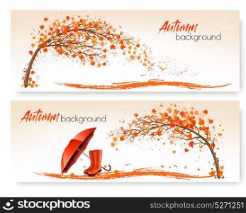 Autumn banners with trees and umbrella and rain boots. Vector.