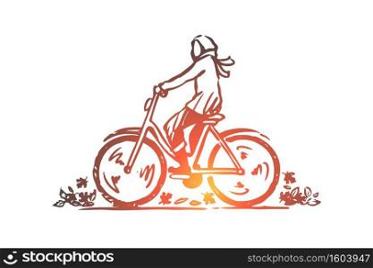 Autumn, bicycle, fall, park, ride concept. Hand drawn person cycling on bike concept sketch. Isolated vector illustration.. Autumn, bicycle, fall, park, ride concept. Hand drawn isolated vector.