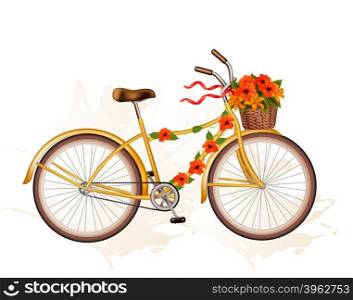 Autumn bicycle with orange flowers. Vector.