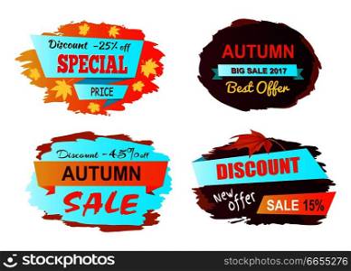 Autumn big sale 2017 best offer, special price, collection of labels with foliage, ribbons and decorated headlines vector illustration. Autumn Big Sale Best Offer Vector Illustration