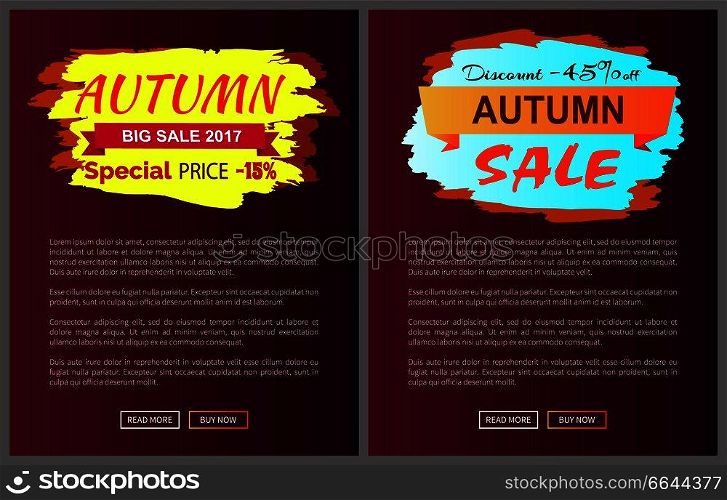 Autumn big sale 2017 special price -15% advetr promo posters with labels and place for text, web page design with sticker about fall discounts vector. Only Today Autumn Sale -35 % Advert Promo Poster