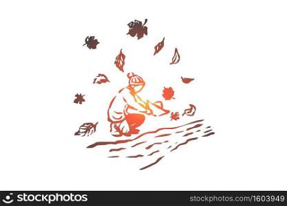 Autumn, boy, river, season, paper concept. Hand drawn boy play with handmade boats concept sketch. Isolated vector illustration.. Autumn, boy, river, season, paper concept. Hand drawn isolated vector.