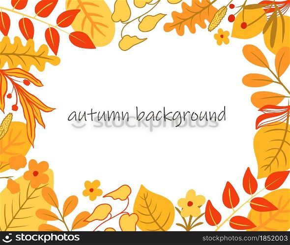 Autumn bright colorful background for a postcard or banner. Pattern with falling red orange and yellow leaves and flowers. Fall banner vector illustration.. Autumn bright colorful background for a postcard or banner.