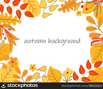 Autumn bright colorful background for a postcard or banner. Pattern with falling red orange and yellow leaves and flowers. Fall banner vector illustration.. Autumn bright colorful background for a postcard or banner.