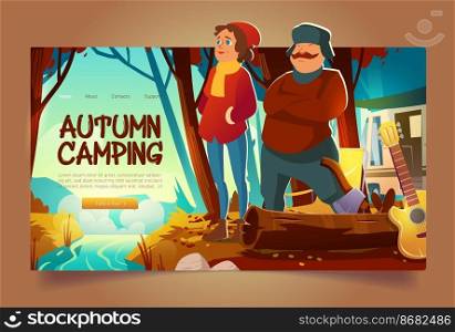 Autumn c&ing website with forest landscape with brook and people. Vector landing page with cartoon woods with orange grass and leaves on trees, river, c&site with van, chair, guitar and tourists. Autumn c&ing website with forest and brook