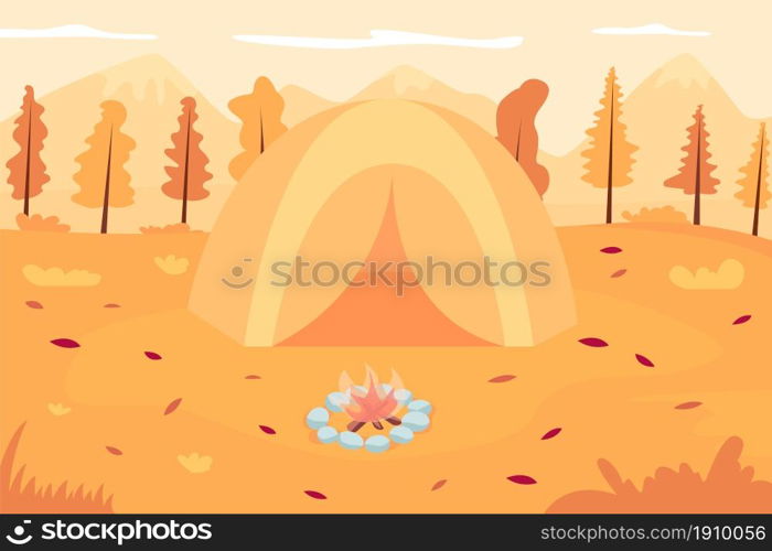 Autumn camping flat color vector illustration. Tent in front of campfire. Recreation in november. Autumnal expedition. Fall recreation 2D cartoon landscape with no people on background. Autumn camping flat color vector illustration